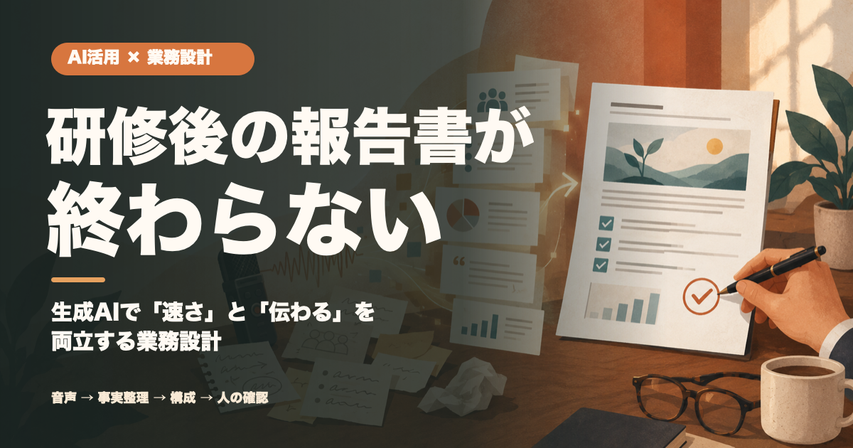 研修後の報告書作成を生成AIと人の確認で効率化する記事のアイキャッチ