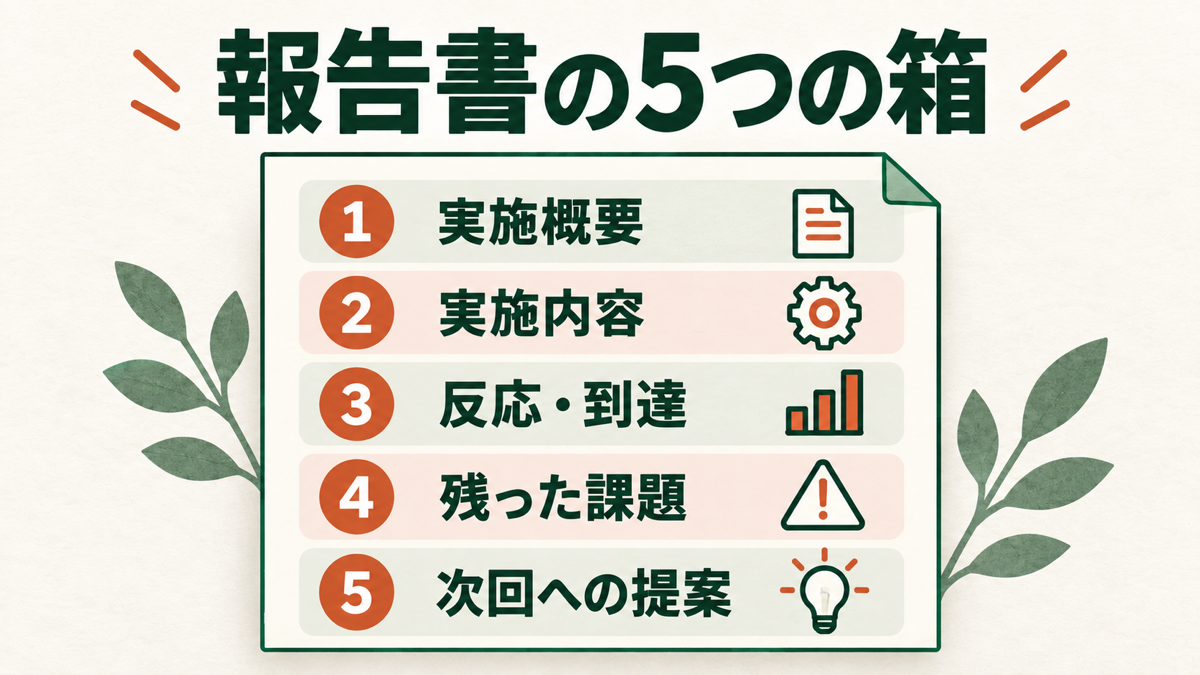 報告書の章立てを、実施概要、実施内容、反応と到達、残った課題、次回への提案の5つに整理する